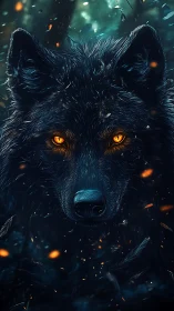 Wolf portrait with luminous eyes in dark forest setting.
