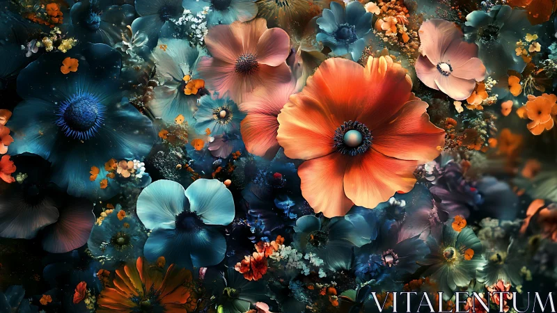 Densely layered floral arrangement with contrasting color zones