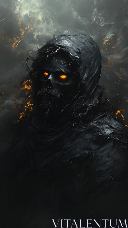 Hooded infernal wraith with molten ember eyes in smoke.