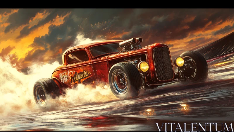 Roaring hot rod slices through stormy sunset streets in style