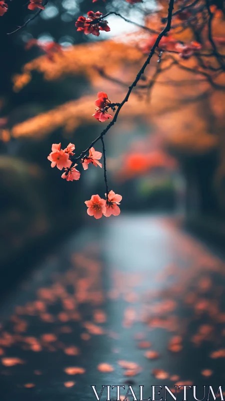 Blushing blossoms lean over a rainy road of scattered light