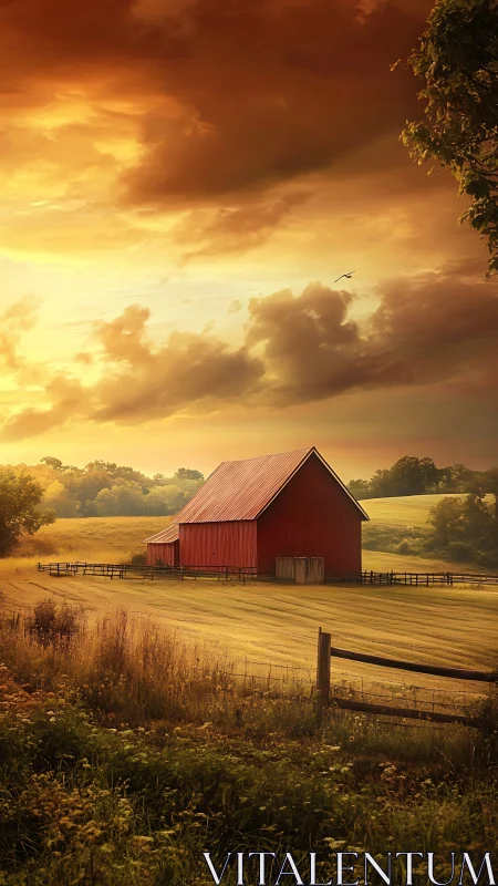 Sunlit red barn dreaming beneath a storm-kissed country sky.