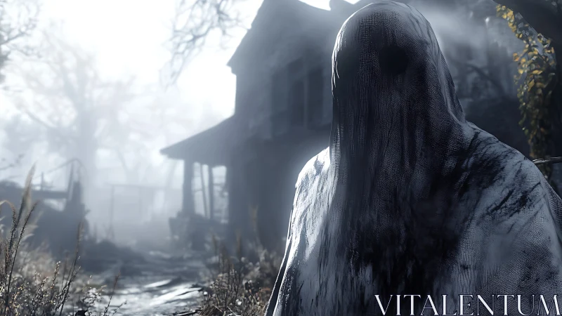 Ghostly figure haunts foggy abandoned farmhouse path at dusk.