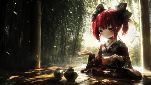 Red-haired girl pours tea in glowing bamboo pavilion