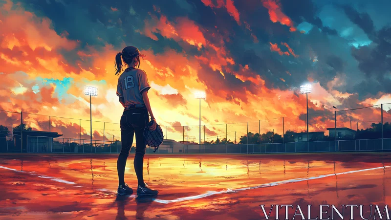 Softball player stands on wet field under intense sunset sky