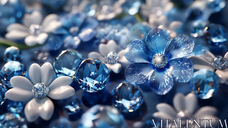 Macro render of faceted blue gemstones and enamel flowers