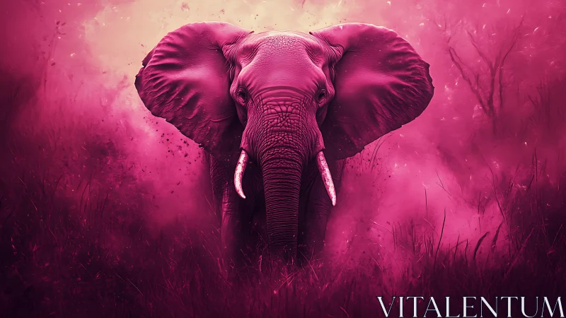 Pink-toned elephant in misty grassland frontal view.