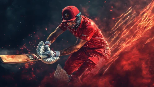 Cricket batsman drives through fiery red motion trail