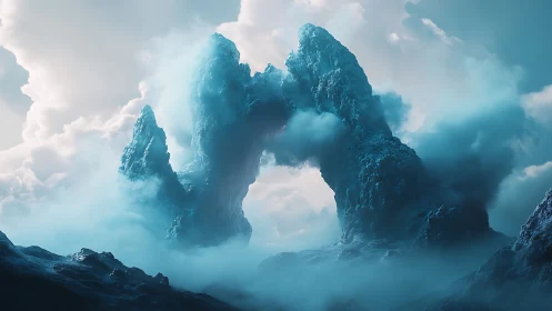 Colossal icy arch spires emerge through luminous polar mist.