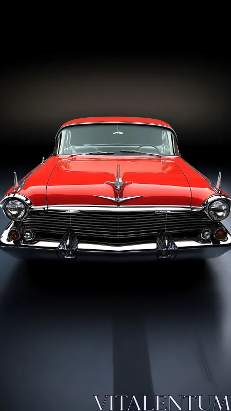 Front-on studio portrait of red 1950s classic coupe with chrome