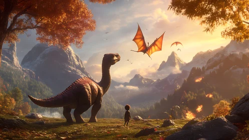 Child with dinosaur observing dragons over valley at dusk.