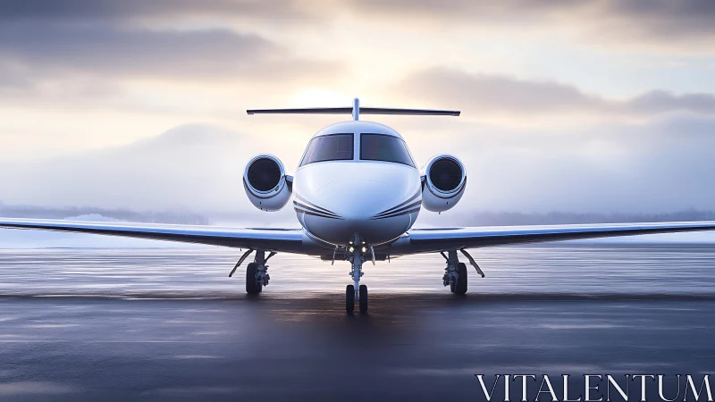 Private jet on wet runway at calm foggy sunrise.