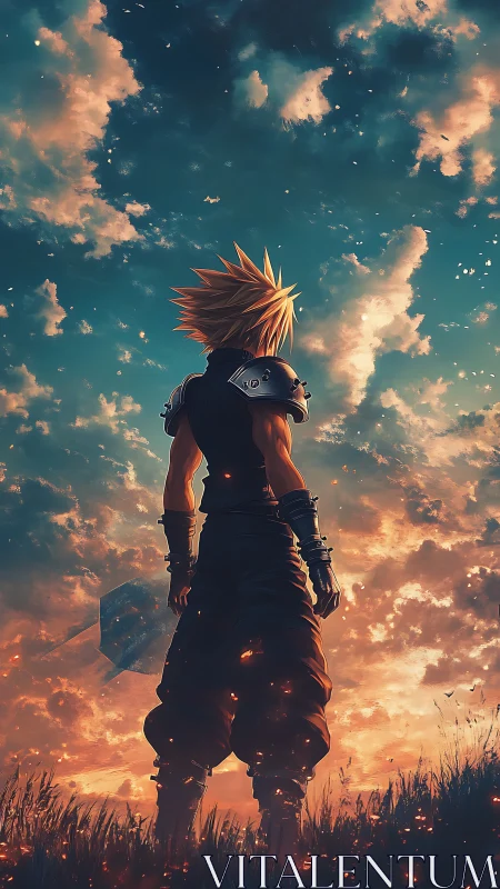 Spiky haired figure in armor under expansive evening sky.