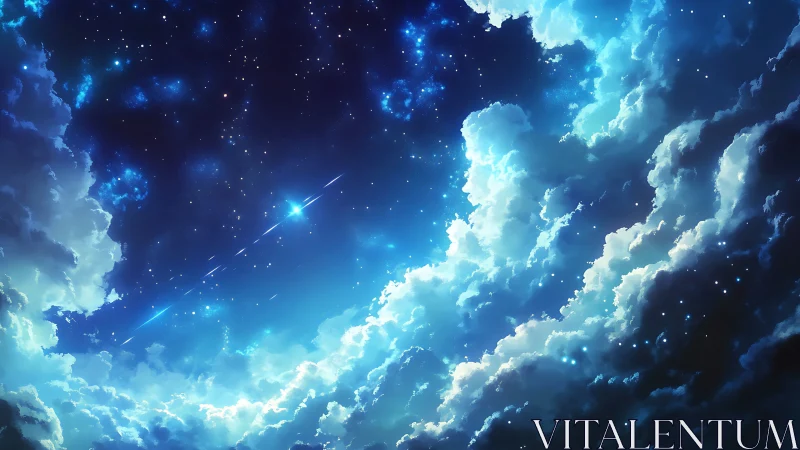 Layered night sky shows dense stars framed by illuminated clouds