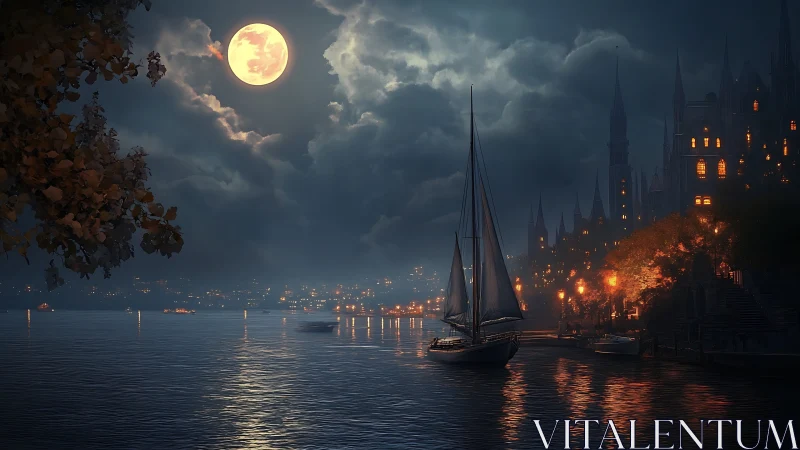 Full moon harbor with illuminated gothic city and sailboat