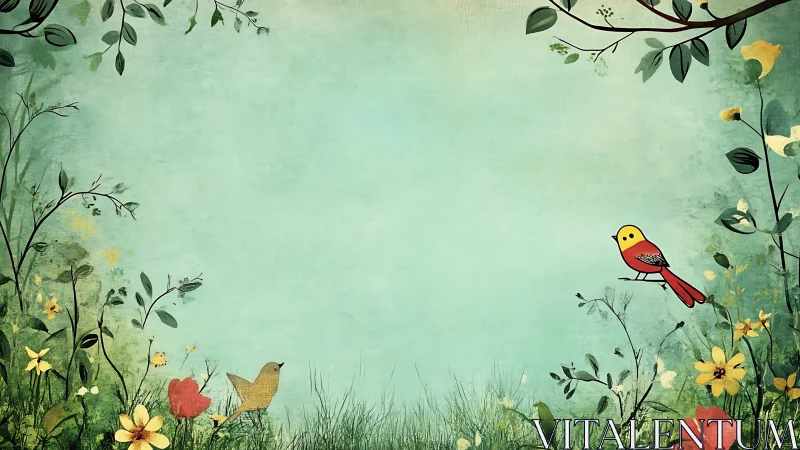 Gentle garden meadow opens around a bright little songbird