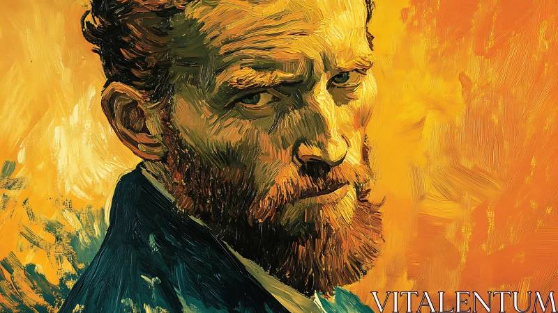 Expressive impasto portrait with radiant warm ground treatment.