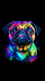 Neon pug stargazer wrapped in splashy rainbow nightfall.