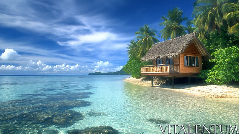 Elevated Thatched-Roof Bungalow with Crystal-Clear Shallow Water Foreground and Tropical Vegetation