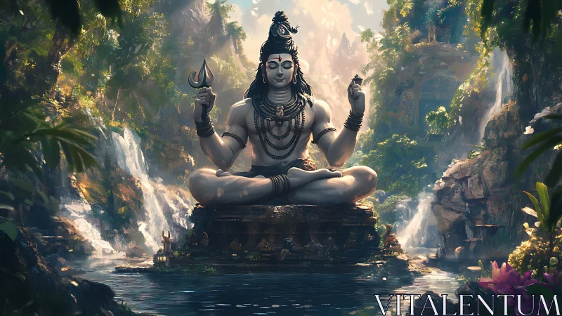 Serene Shiva statue meditating amid lush jungle waterfalls.