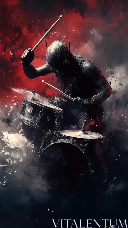 Fiery drummer silhouette lost in thunderous red rhythms.