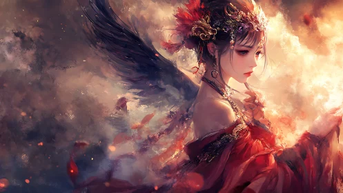 Emberwing Empress in crimson storms of feathered twilight.