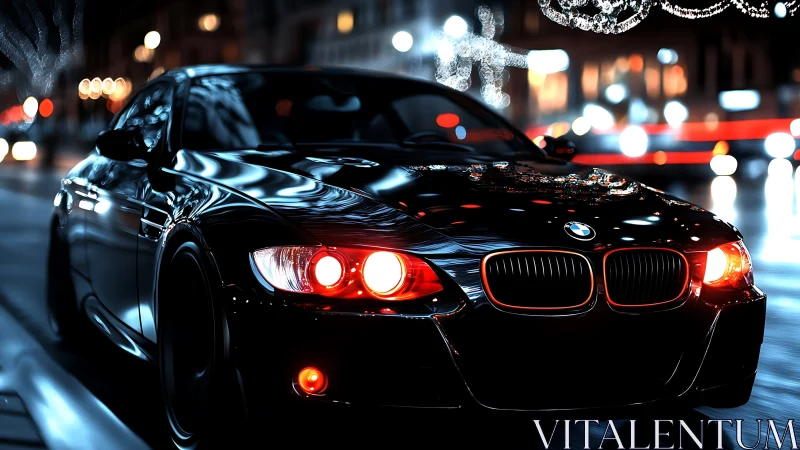 Nocturnal BMW coupe with specular highlights and bokeh glow.