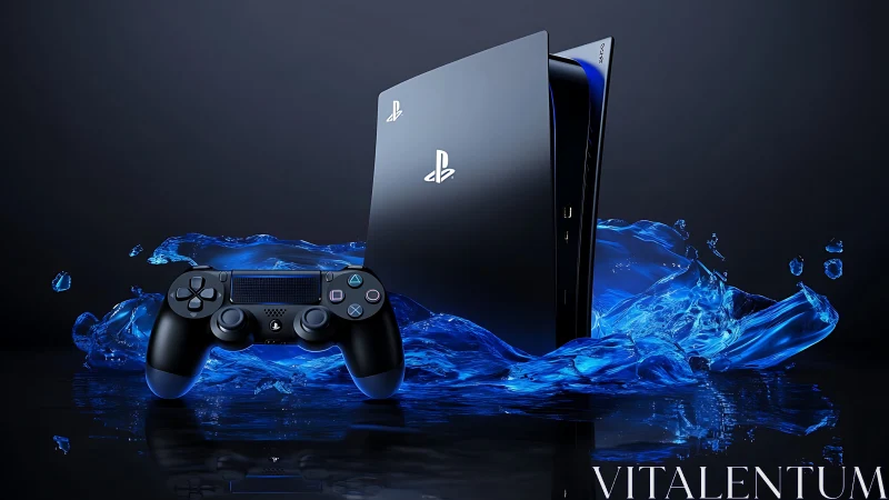 PlayStation 5 Console with DualSense Controller Immersed in Blue Digital Water