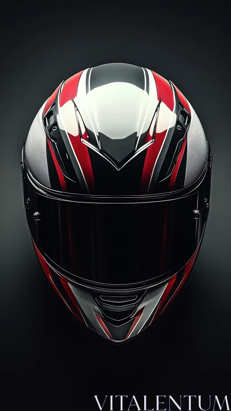 Motorcycle helmet with red and white graphics, top view.