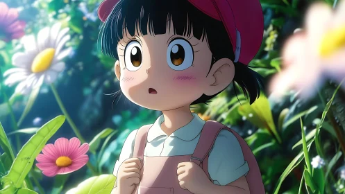 Wide-eyed garden wanderer bathed in sparkling morning wonder.