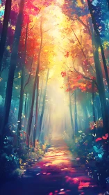 Forest Path Dawn: Golden Light Through Autumn Canopy.