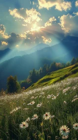 Sunlit mountain meadow with daisies and dramatic sky.