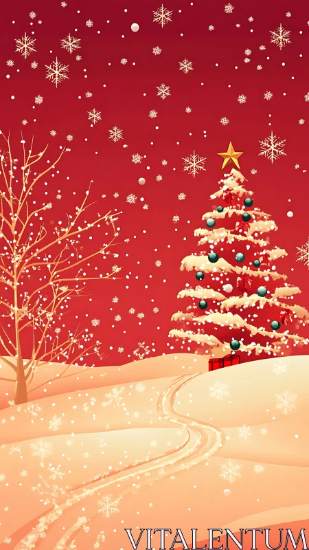 Snowy red Christmas landscape glows with festive warmth.