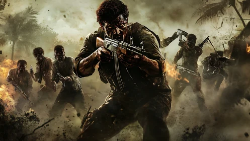 Battle-hardened soldier charges through burning warzone