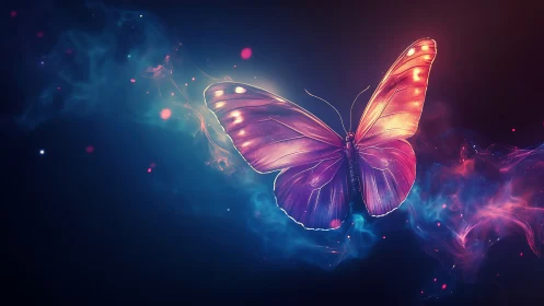 Bioluminescent butterfly in neon vapor trail on dark cosmos