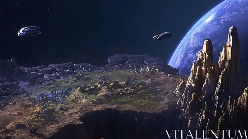 Alien plateau colony beneath looming gas giant horizon.