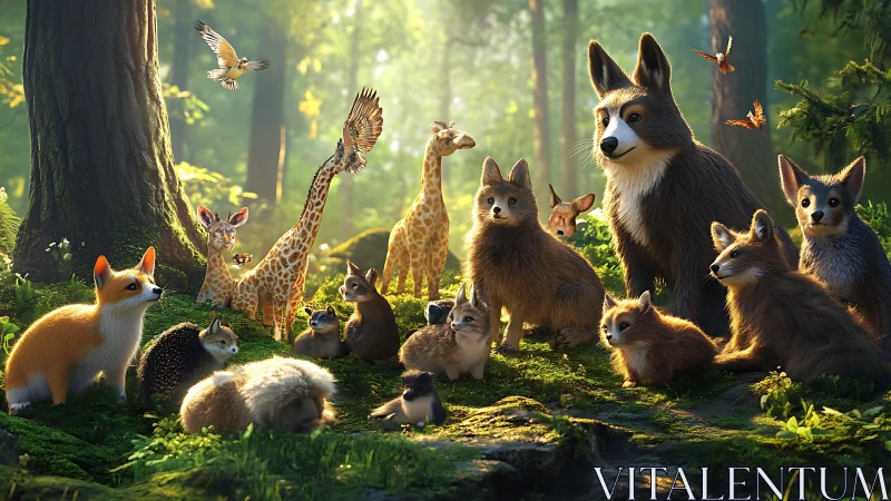 Woodland council of foxlike guardians in sunlit glade.