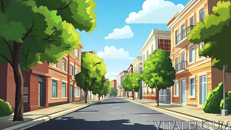 Sunlit residential street with stylized townhouses and trees.
