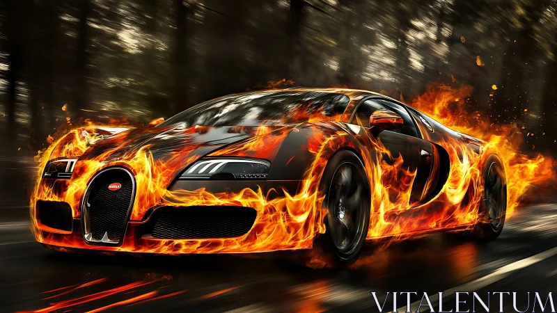 Bugatti Veyron engulfed in dynamic flame effects during high-speed motion.