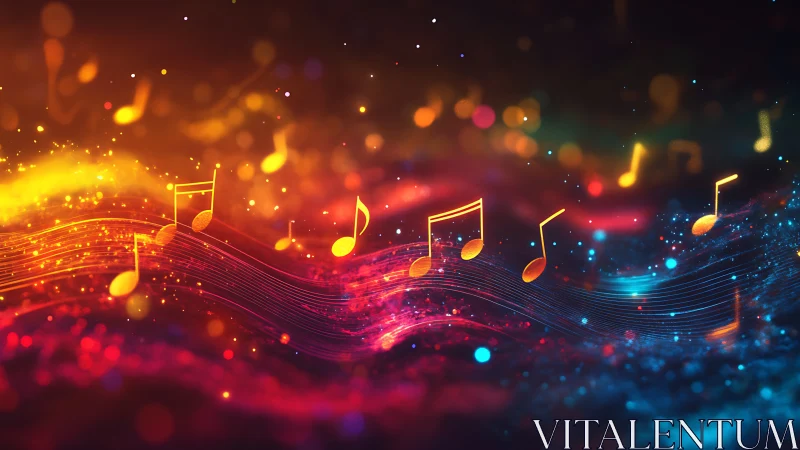 Glowing musical notes swirl through neon sound waves.
