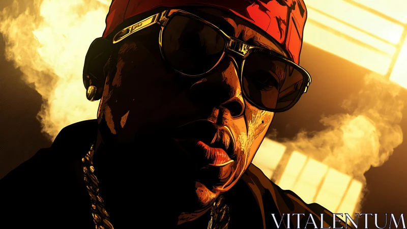 Digital portrait shows rapper in sunglasses and red bandana