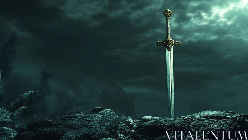Lone legendary sword waiting quietly on a stormy cliff.