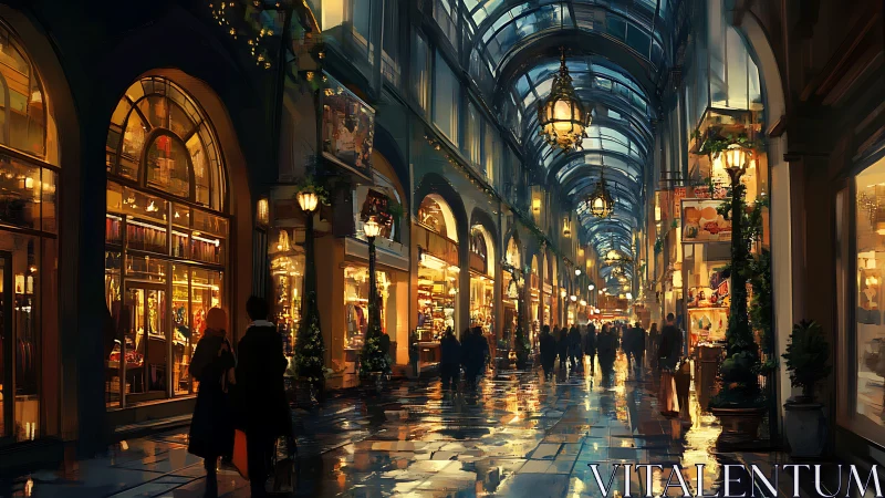 Rainlit arcade with glowing storefronts and winter shoppers.