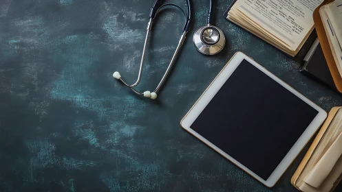 Medical stethoscope, tablet, and books on dark desk surface.