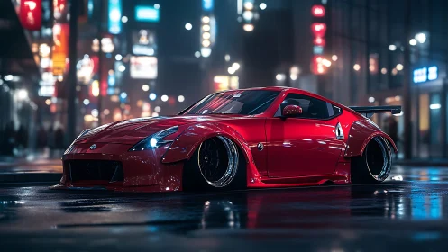 Modified red sports coupe on wet city street at night scene.