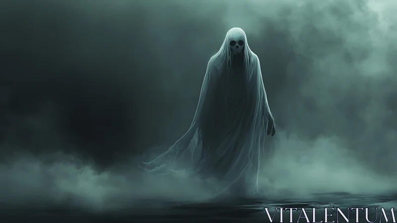 Volumetric fog enshrouds spectral figure with translucent drapery