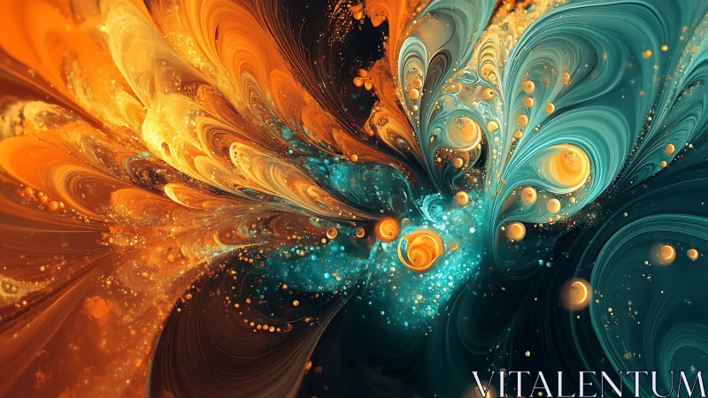 Swirling cosmic tides in teal and ember light.