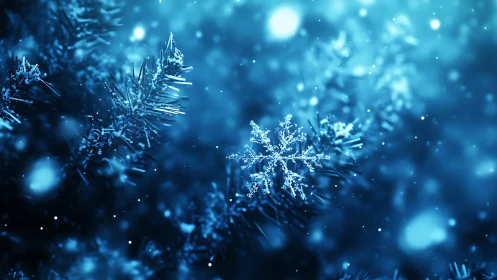 Macro snowflake resting on frosted pine needles in blue light.