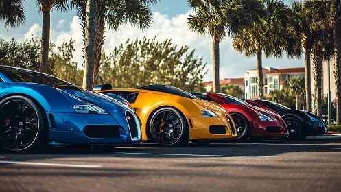 Colorful hypercars line sunny palm-lined boulevard curb