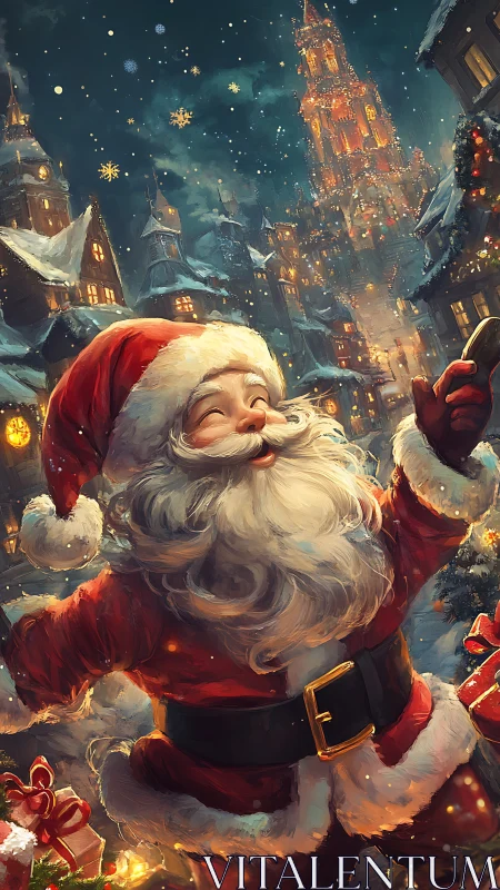 Santa in snowy town square under illuminated cathedral tower